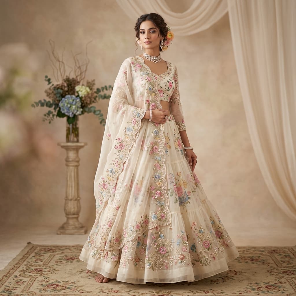 Designer ethnic wear deal: Biba Organza Floral Lehenga Choli at Biba