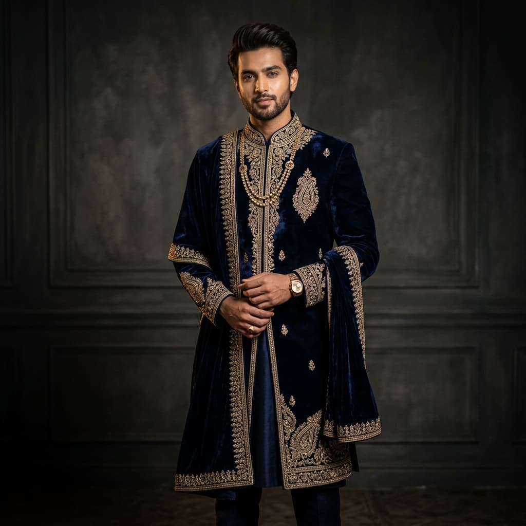 Designer ethnic wear deal: Manyavar Velvet Embroidered Sherwani at Manyavar