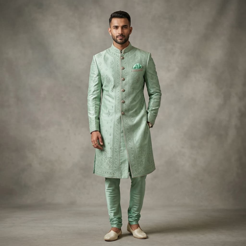 Elite Fashion Offer: Tasva Mint Green Sherwani & Jacket Set at Tasva