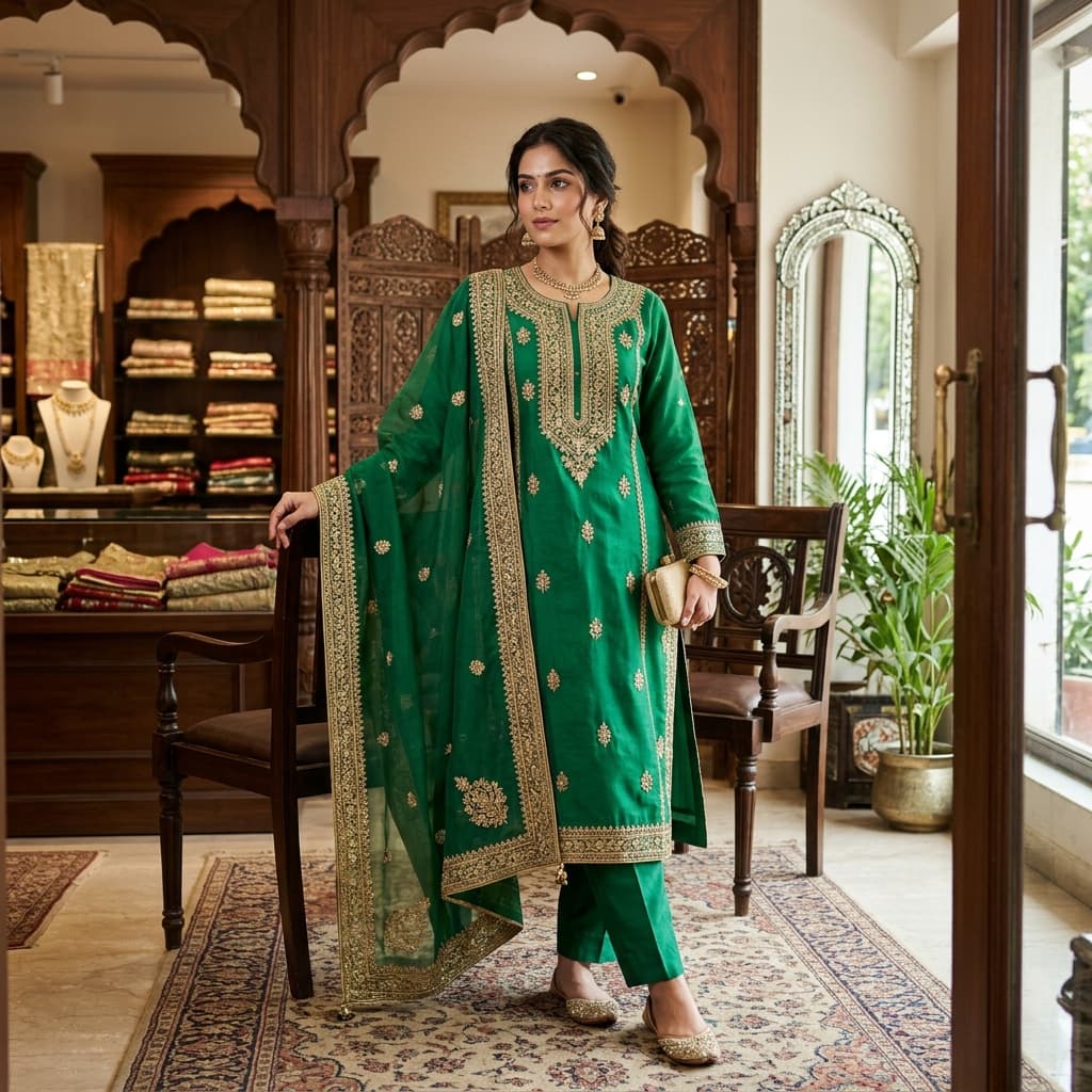 Elite Fashion Offer: VredeVogel Chanderi Silk Embroidered Kurta Set at VredeVogel